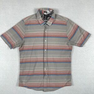 Volcom Shirt Mens Medium Slim Fit Gray Striped Surf Skate Casual Travel Workwear